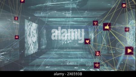 Image of two globes of digital icons spinning against screens with medical data processing Stock Photo