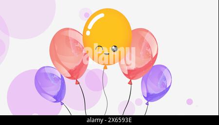 Image of multicolored balloons over circles moving on white background Stock Photo