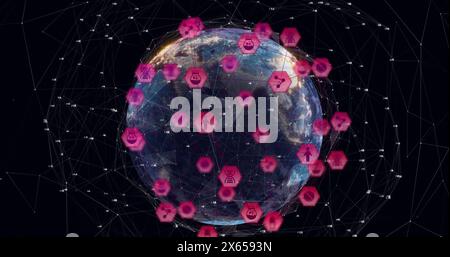 Image of connected pink icons and dots around globe rotating against black background Stock Photo