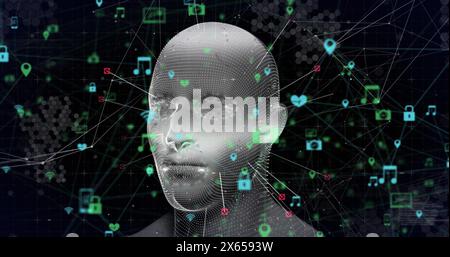 Image of human face rotating and connected icons forming globe over black background Stock Photo