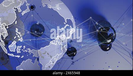 Image of blue particles and network of connections over spinning globe on blue background Stock Photo