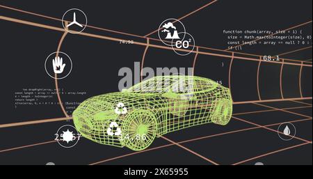 Image of multiple digital icons over 3d car model moving in seamless pattern in a tunnel Stock Photo