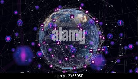 Image of connected icons around rotating globe with numbers against black background Stock Photo