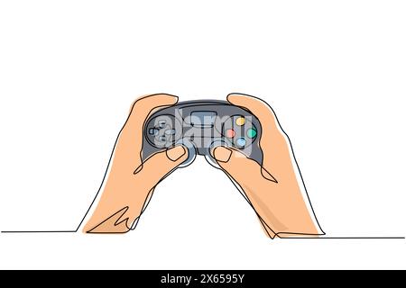Single one line drawing young man hands holding video game console. Gamer holding in hand gamepad. Man playing video game. Leisure time at home. Conti Stock Vector
