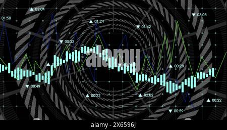 Image of data processing over over grid network against concentric circles on black background Stock Photo