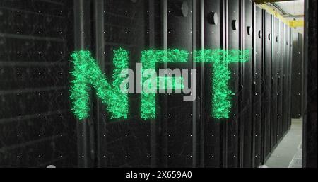 Image of green nft text banner against computer server room Stock Photo