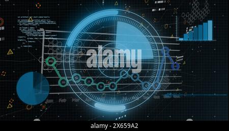 Image of round scanner and statistical data processing against black background Stock Photo