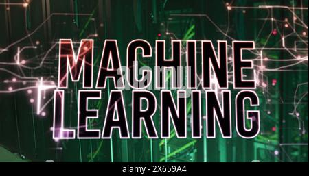 Image of machine learning text over abstract patterns against illuminated server racks Stock Photo