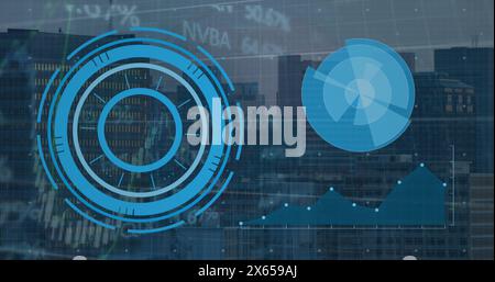 Image of round scanner, financial and stock market data processing against view of cityscape Stock Photo