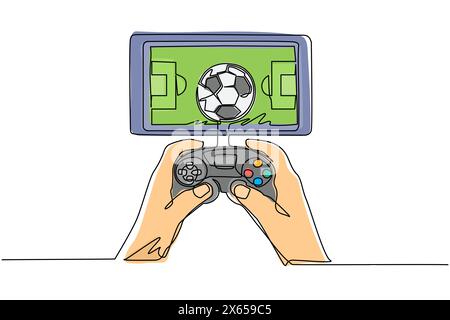 Single continuous line drawing smartphone connected with gamepad and playing football games. Online football games. Smartphone applications. Mobile fo Stock Vector