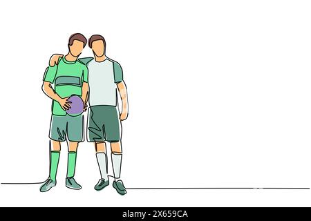 Continuous one line drawing two soccer players embrace each other. Two friendly walking together after match finished. Male soccer players celebrating Stock Vector