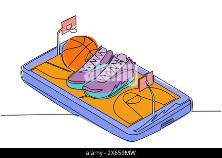 Single continuous line drawing basketball shoes and basketball balls on smartphone screen. Smartphone with app basketball. Mobile sport stream champio Stock Vector