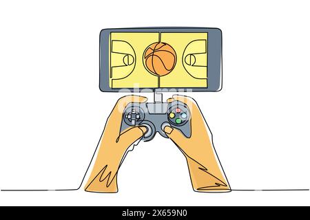 Single one line drawing smartphone connected with gamepad and playing basketball games. Mobile basketball. Mobile e-sports play match. Modern continuo Stock Vector