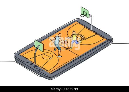 Single one line drawing basketball court with two players on smartphone screen. Online basketball game, mobile e-sport. Online basketball game with li Stock Vector