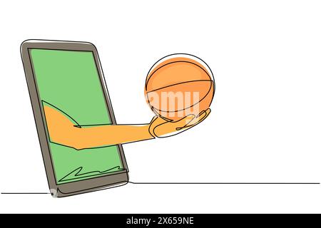 Single continuous line drawing player hand holds basketball ball through mobile phone. Smartphone with app basketball. Mobile sports stream championsh Stock Vector