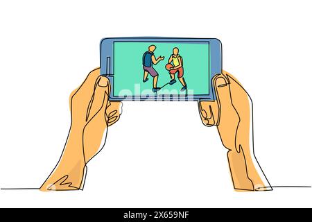 Continuous one line drawing basketball league live streaming on mobile phone. Man hands holding smartphone, watch any live basketball match online. Si Stock Vector