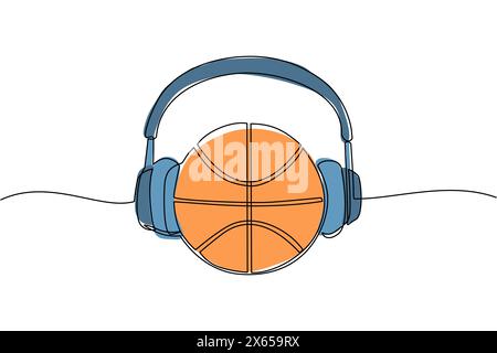 Single one line drawing basketball ball with headphone. Basketball commentator sport icon concept isolated. Flat cartoon style suitable for web, banne Stock Vector