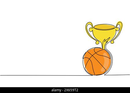 Single one line drawing trophy and basketball ball. Champion cup icon with basketball. Championship trophy. Sport tournament award, winner cup and vic Stock Vector