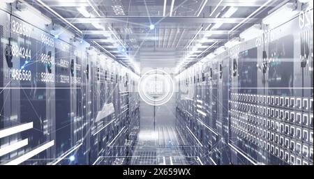 Image of connected dots, loading bars, circles, squares, graphs over server room Stock Photo