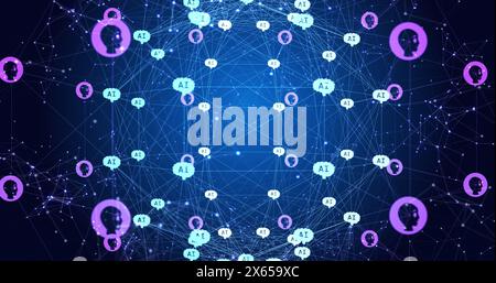 Image of network of connections with icons and growing networks Stock Photo