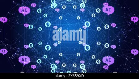 Image of connected people icons, ai text and dots forming globe and rotating Stock Photo