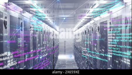 Image of connected dots and computer language over data server racks in server room Stock Photo