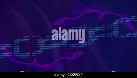 Image of changing numbers forming blockchain over dynamic waves against abstract background Stock Photo