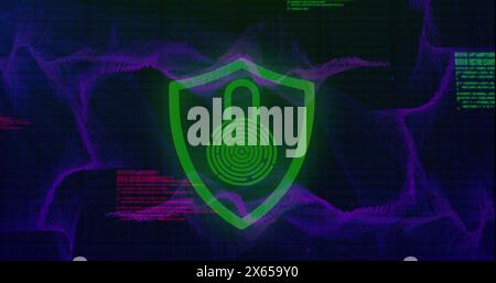 Image of padlock in shield and computer language over dynamic waves on black background Stock Photo