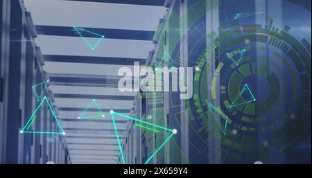 Image of connected dots forming triangles and loading circles over server room Stock Photo