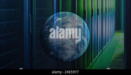 Image of moving globe against server room in background Stock Photo