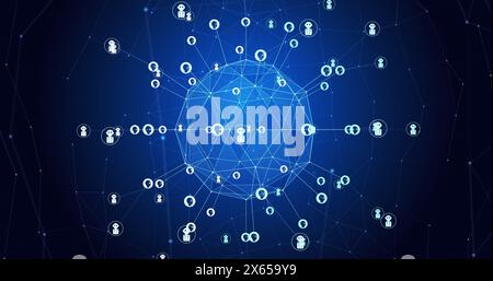 Image of globe rotating with people and robot icons connected with lines Stock Photo