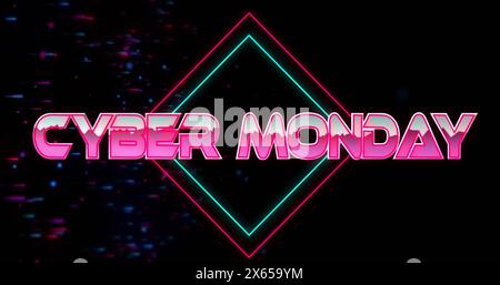 Image of glitch effect over cyber monday text against blue and red spots on black background Stock Photo