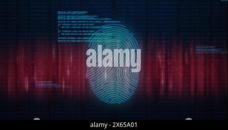 Image of fingerprint and computer language over abstract pattern against black background Stock Photo