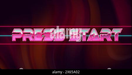 Image of glitch effect over press start text banner against red digital wave on black background Stock Photo