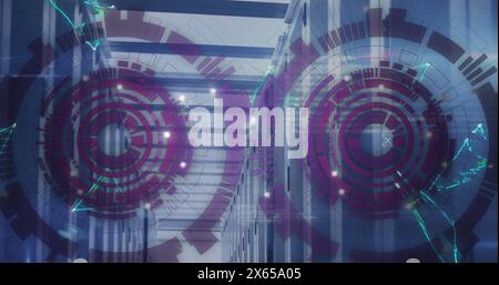 Image of loading circles, connected dots forming triangles over data server room Stock Photo