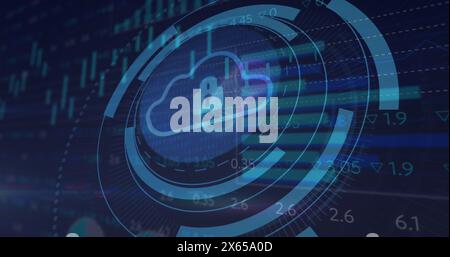 Image of security padlock and cloud icon against statistical and stock market data processing Stock Photo