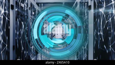 Image of loading circles over connected dots on data server racks in server room Stock Photo
