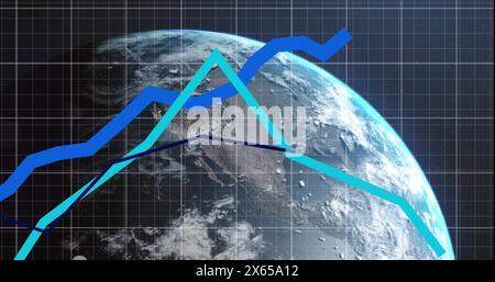 Blue and light blue lines are showing upward trends over background of Earth Stock Photo