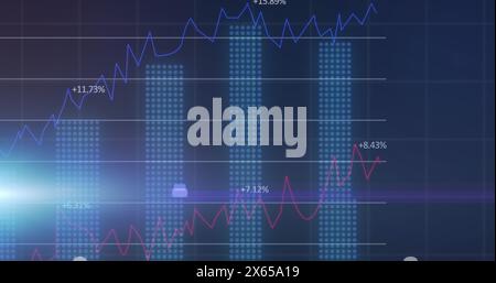Image of multiple graphs with changing numbers over grid pattern and lens flares Stock Photo