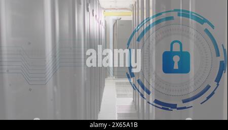 Image of padlock in loading circles over data server room Stock Photo