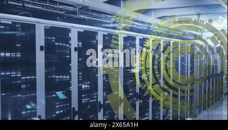 Image of loading circles over bars on data server systems in server room Stock Photo