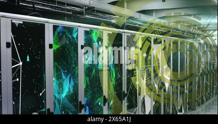 Image of loading circles over connected dots and globe over data server racks in server room Stock Photo