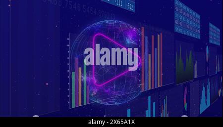 Image of multiple graphs and numbers charts with connected dots on globe over blue background Stock Photo