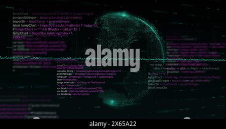 Image of computer language, graphs, globe and changing numbers over black background Stock Photo