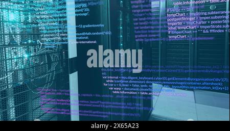 Image of multicolored computer language over illuminated data server systems Stock Photo