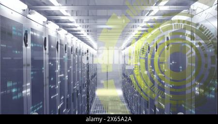 Image of loading circles over bars on data server systems in server room Stock Photo