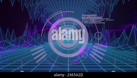 Image of padlock in loading circles, dynamic waves, computer language over 3d mountains Stock Photo