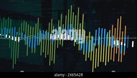 Image of multiple graphs with changing numbers over empty office Stock Photo