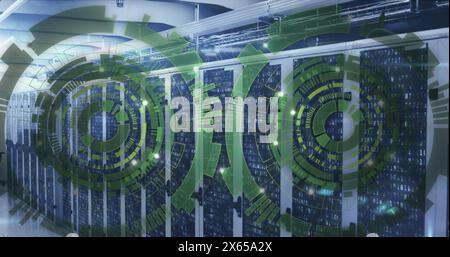 Image of loading circles over binary codes on data server racks in server room Stock Photo