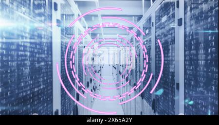 Image of loading circles over binary codes on data server racks in server room Stock Photo